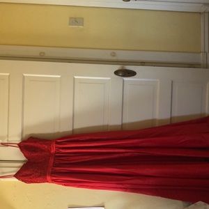 Red prom dress with detailing empire waist spaghetti straps  size 6, With slit